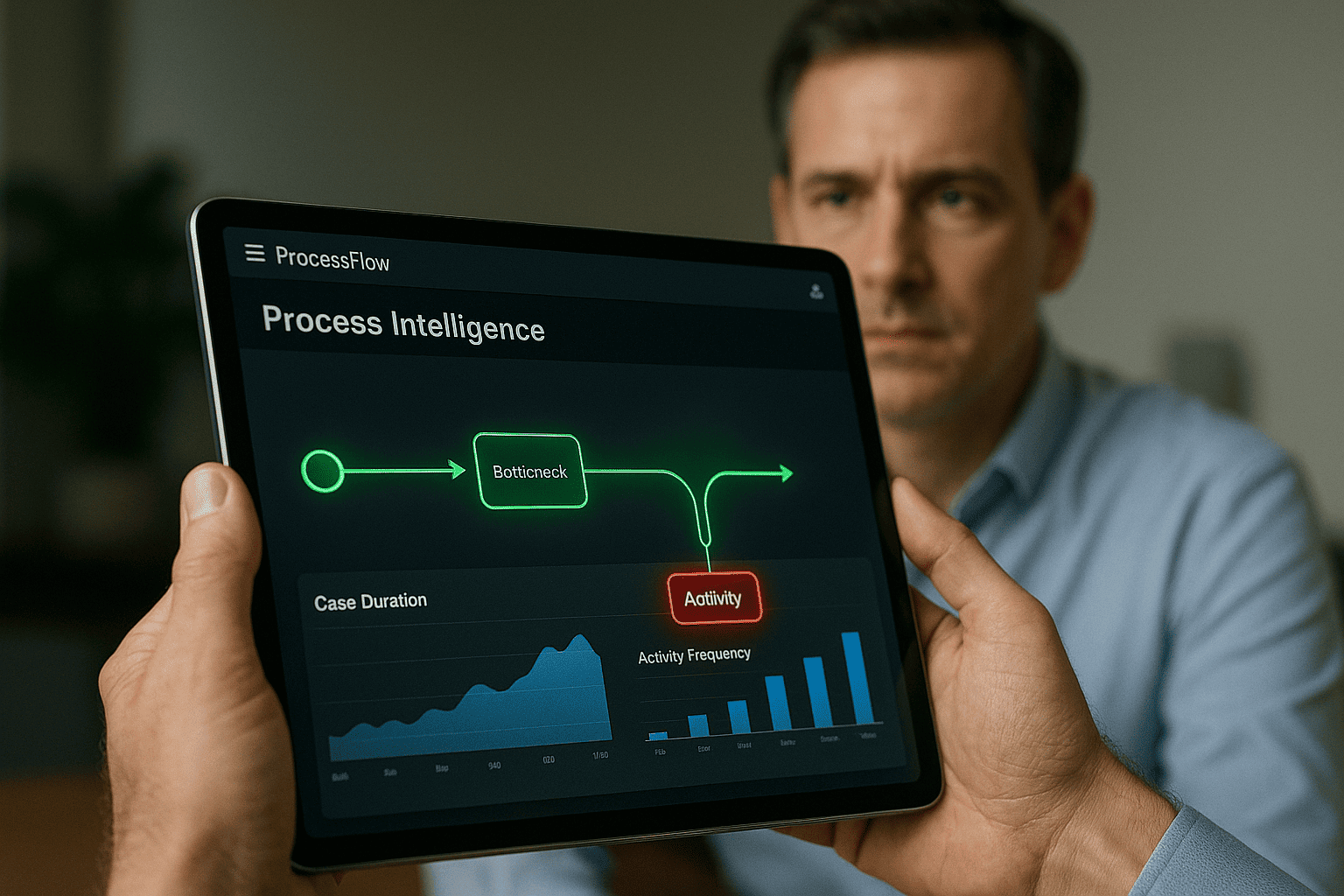 Dashboard de ProcessFlow en una tablet, mostrando métricas de optimización y cuellos de botella identificados por IA.