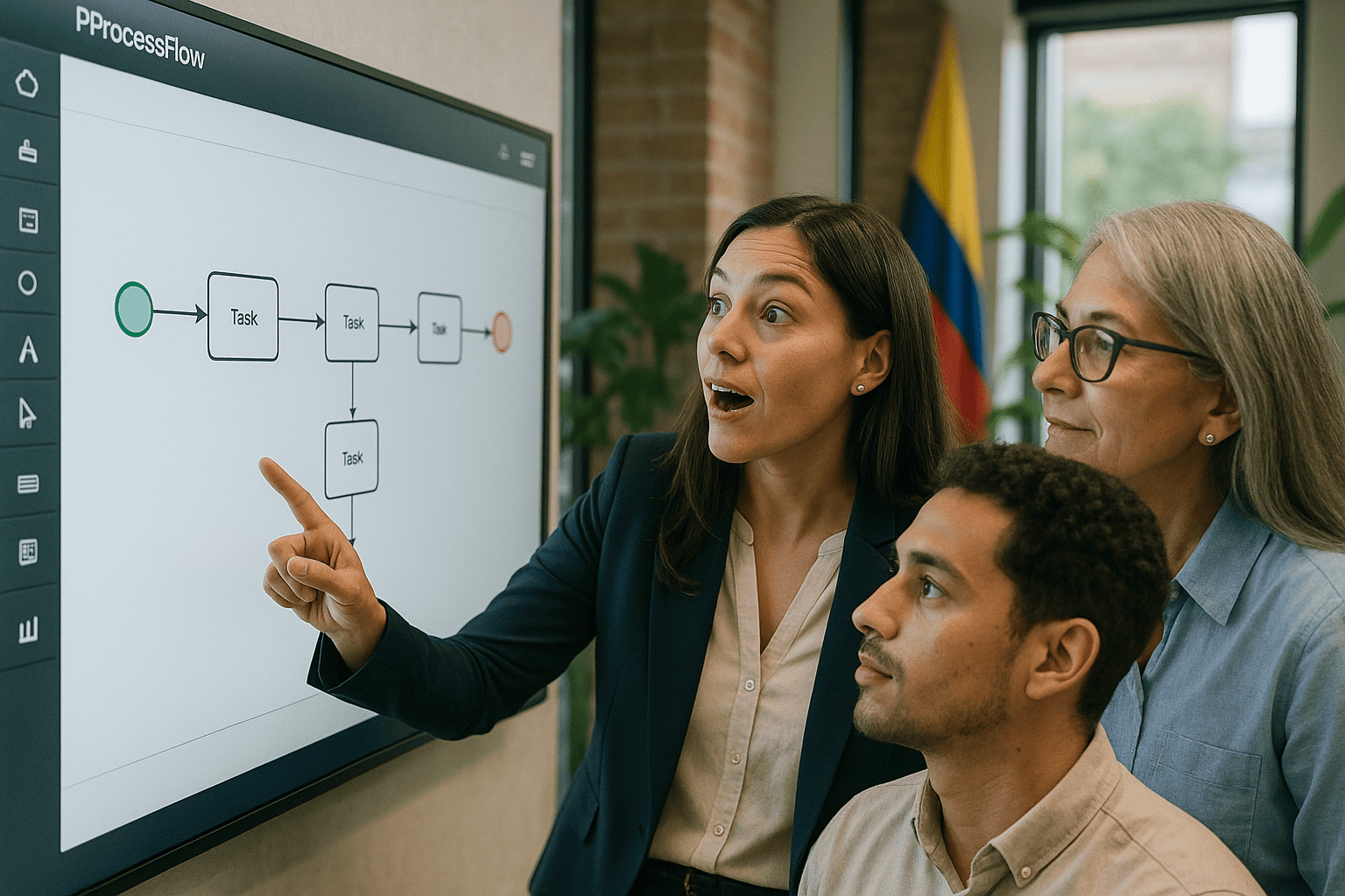 Equipo colaborando frente a una pantalla que muestra un diagrama de flujo de proceso descubierto por ProcessFlow.